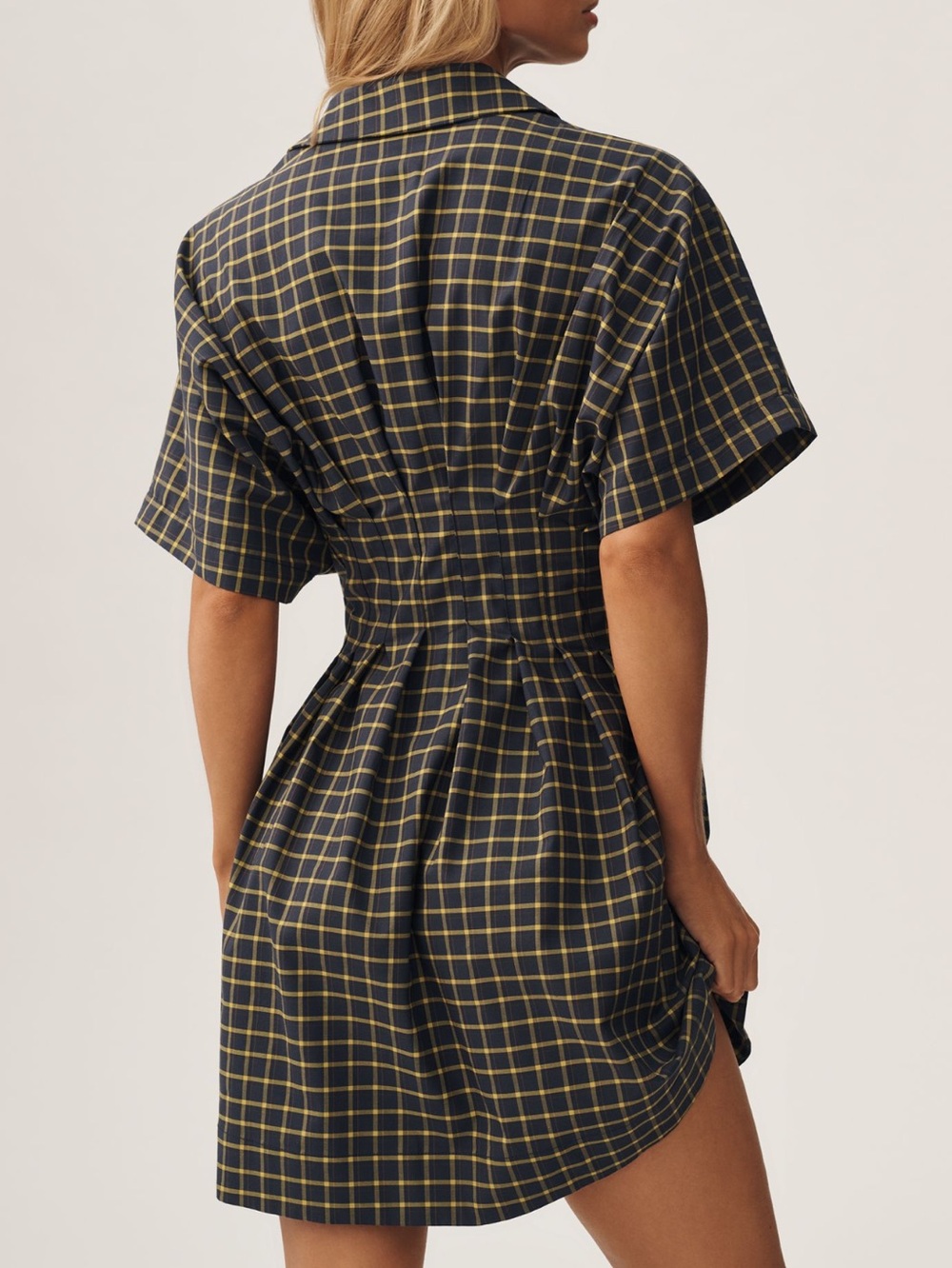 Exquise Tobie Pleated Mini Shirt Dress Collared Short Sleeve New Navy Blue Plaid